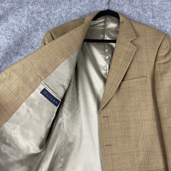Vintage Oliver Wool Blazer Sport Coat Jacket Men 44L Tan Windowpane 3 Button - Picture 4 of 16